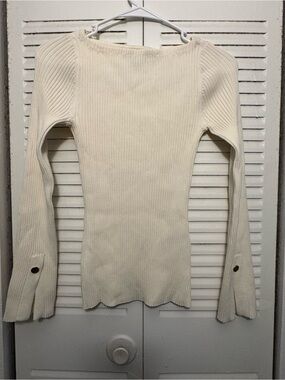 Ribbed Long-Sleeve Crewneck Top in Cream
